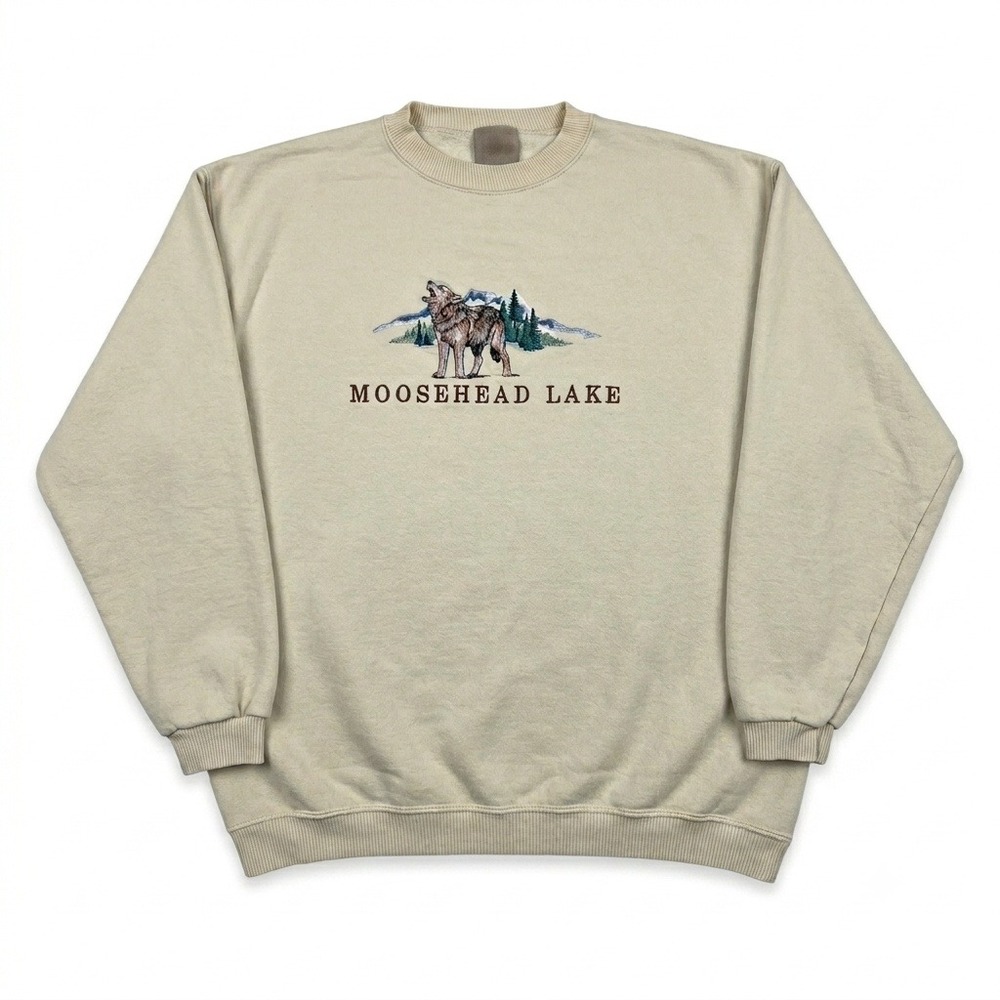 Vintage Habitat Moosehead Lake Embroidered Wolf Sweatshirt Crewneck Beige XL
